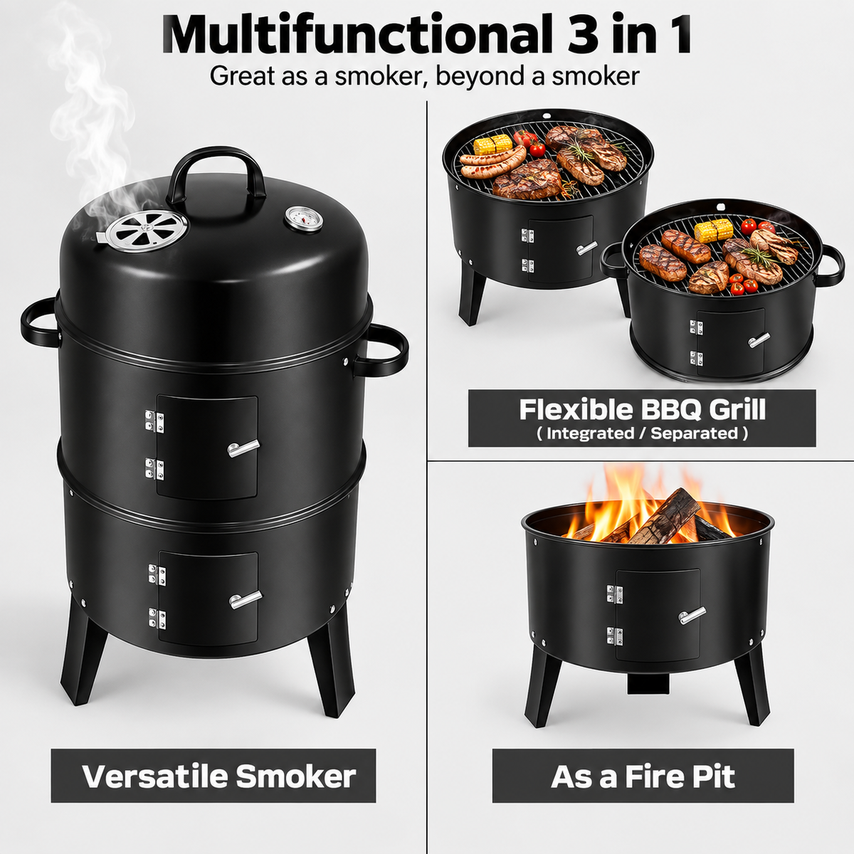 3 in 1 Garden 3-Tier Charcoal Grill with Smoker