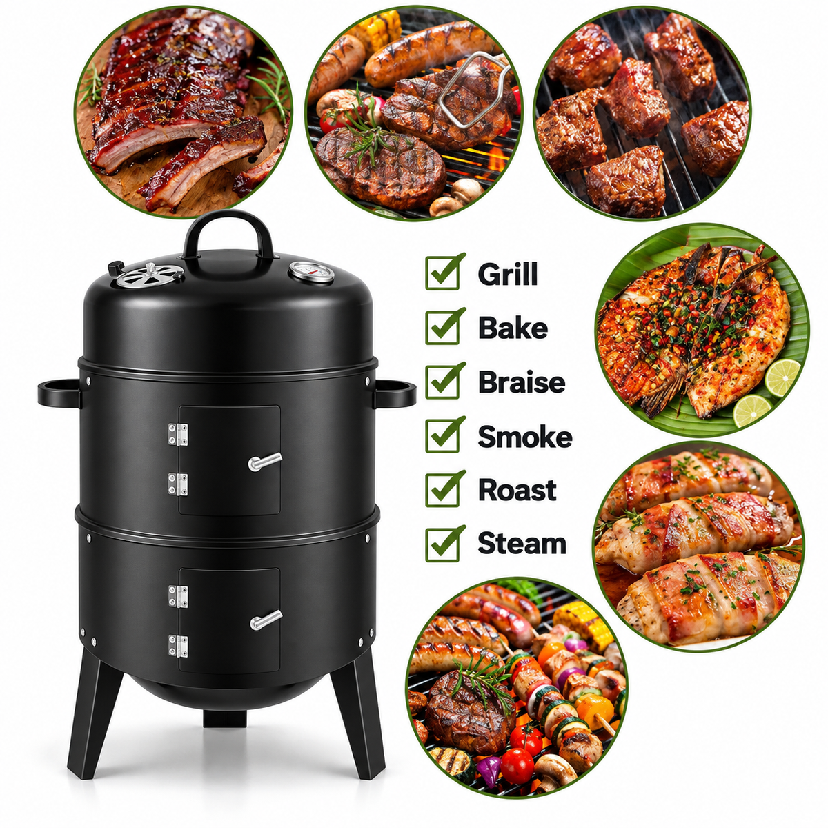 3 in 1 Garden 3-Tier Charcoal Grill with Smoker
