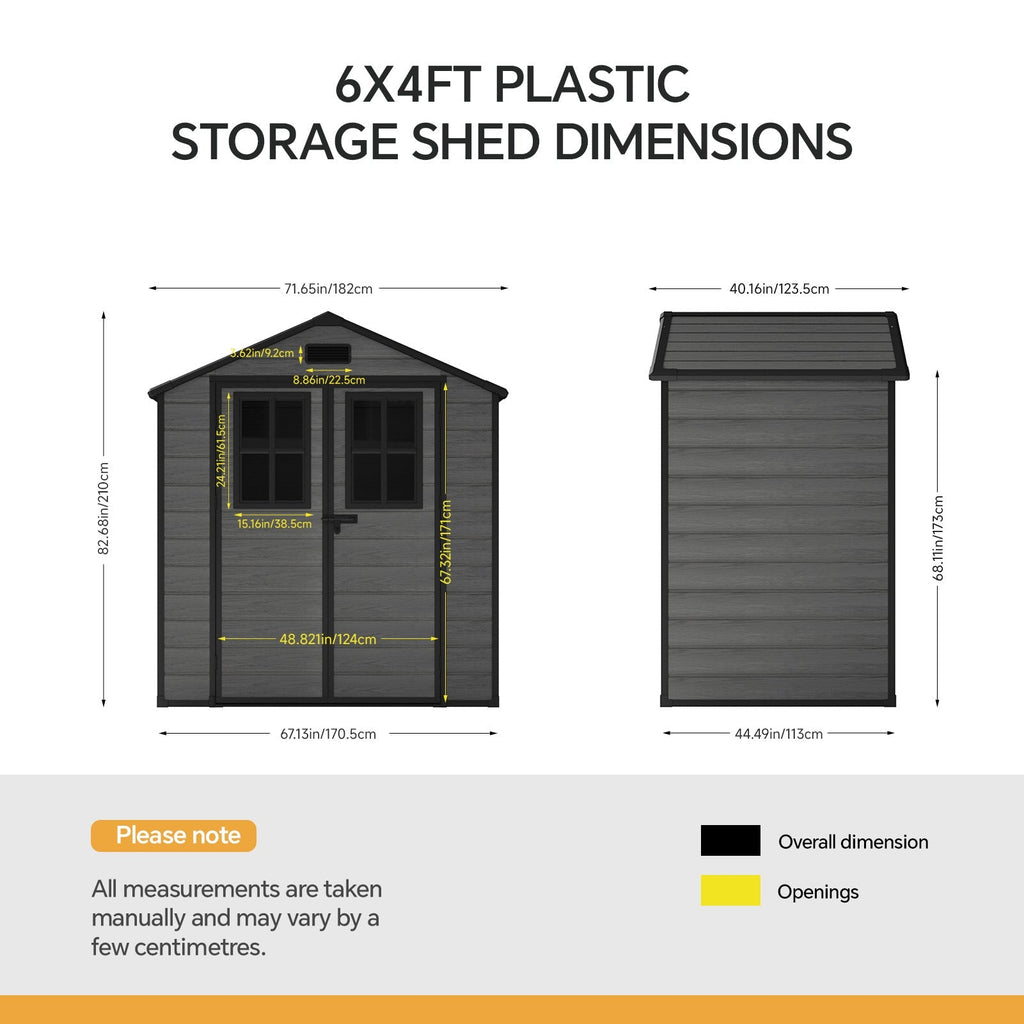 6 x 4 ft Plastic Garden Shed with Apex Roof & Lockable Double Doors