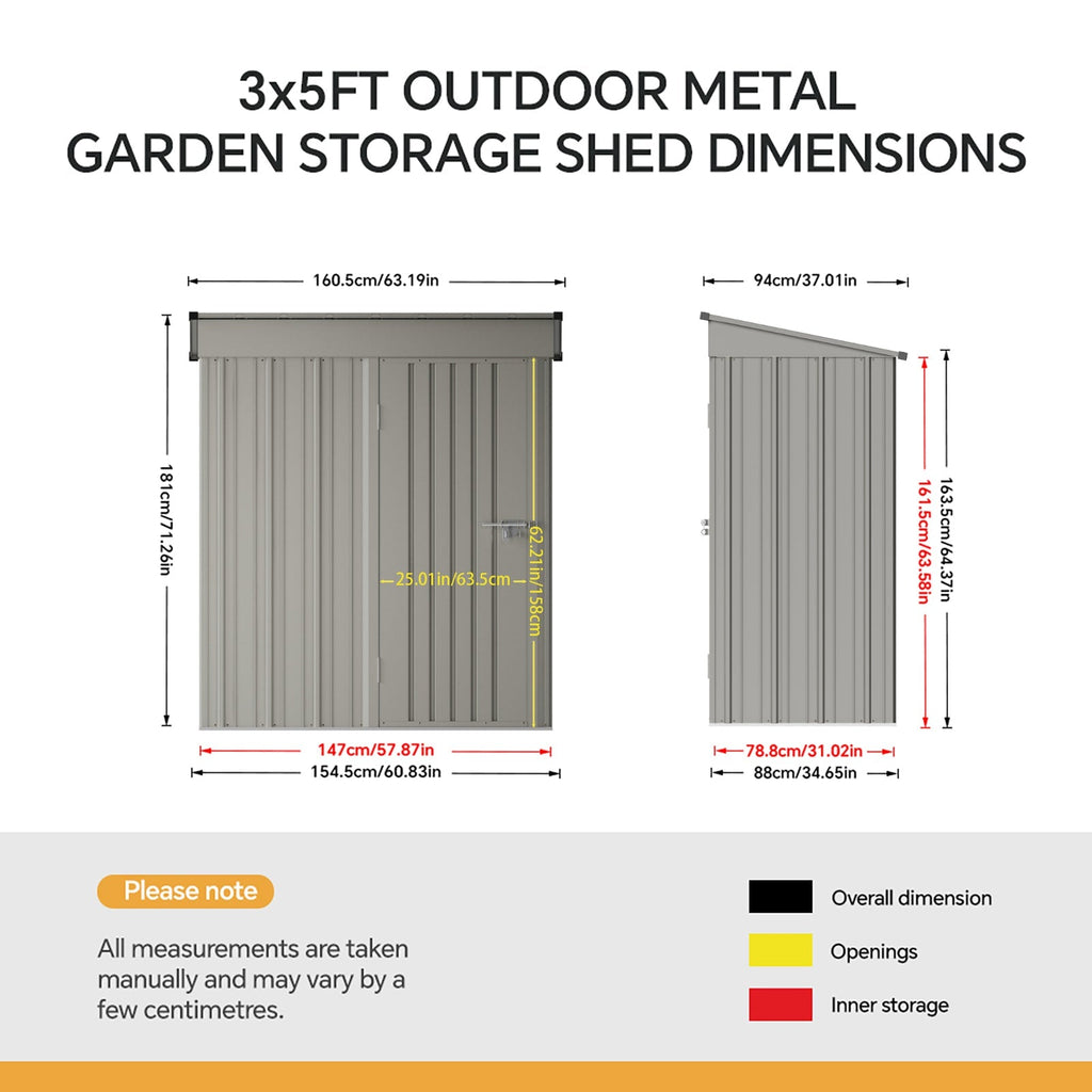 5 x 3 ft Metal Garden Storage Shed with Pent Roof & Padlockable Door