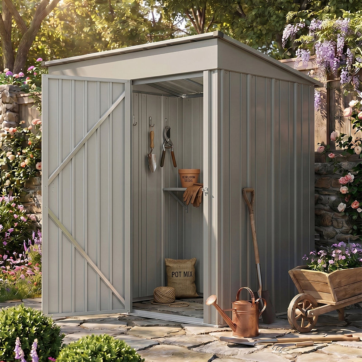 5 x 3 ft Metal Garden Storage Shed with Pent Roof & Padlockable Door