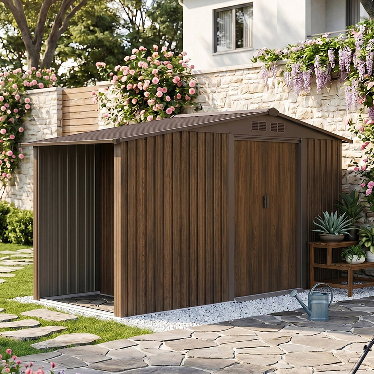 8 x 4 ft Metal Garden Storage Shed with Integrated Log Store & Apex Roof