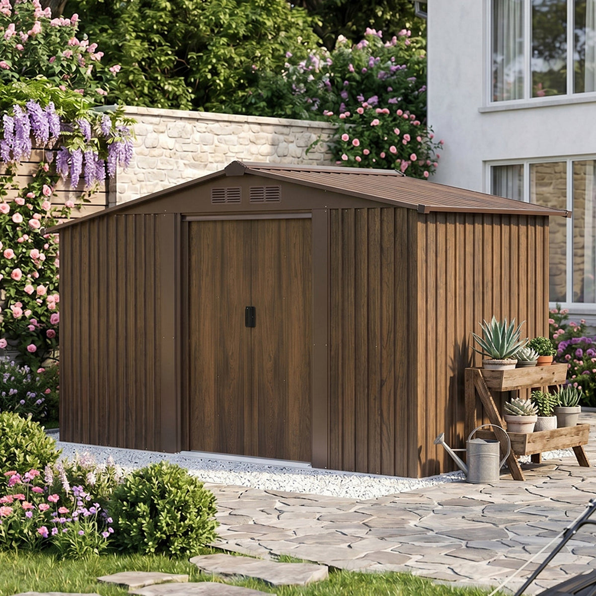 8 x 4 ft Metal Garden Storage Shed with Integrated Log Store & Apex Roof