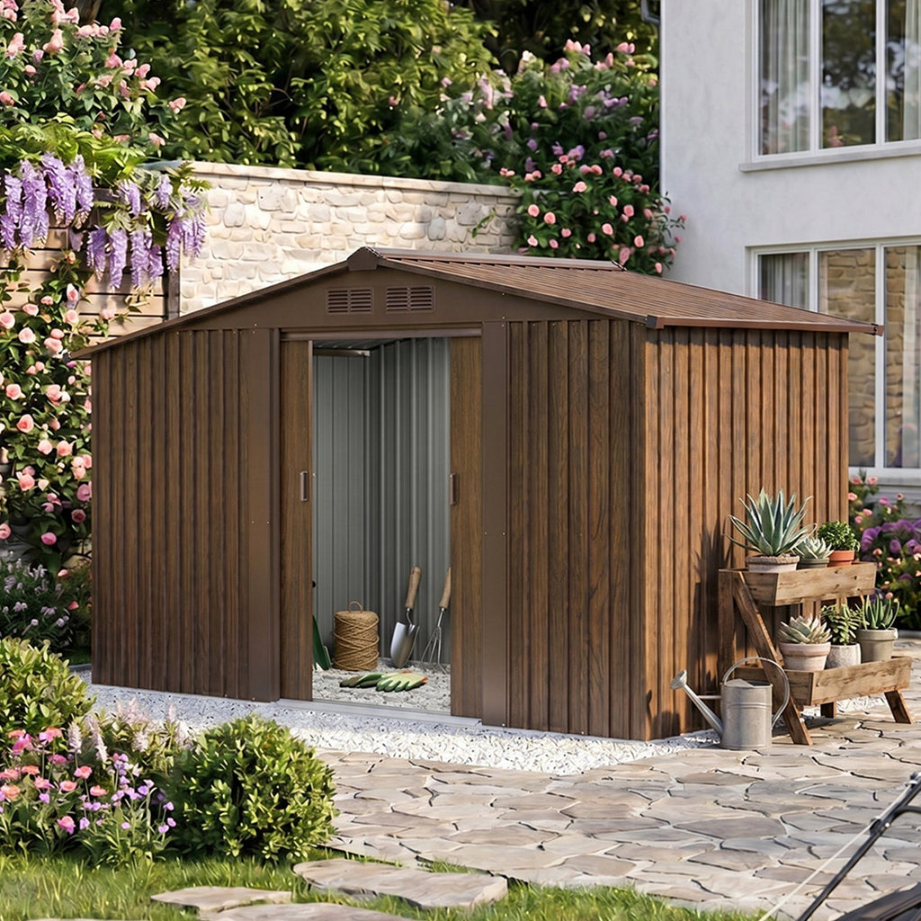 8 x 4 ft Metal Garden Storage Shed with Integrated Log Store & Apex Roof