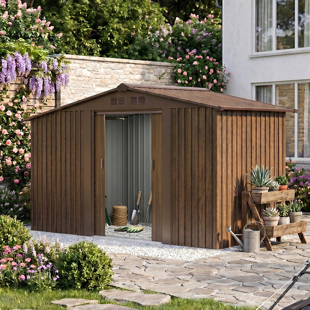 8 x 4 ft Metal Garden Storage Shed with Integrated Log Store & Apex Roof