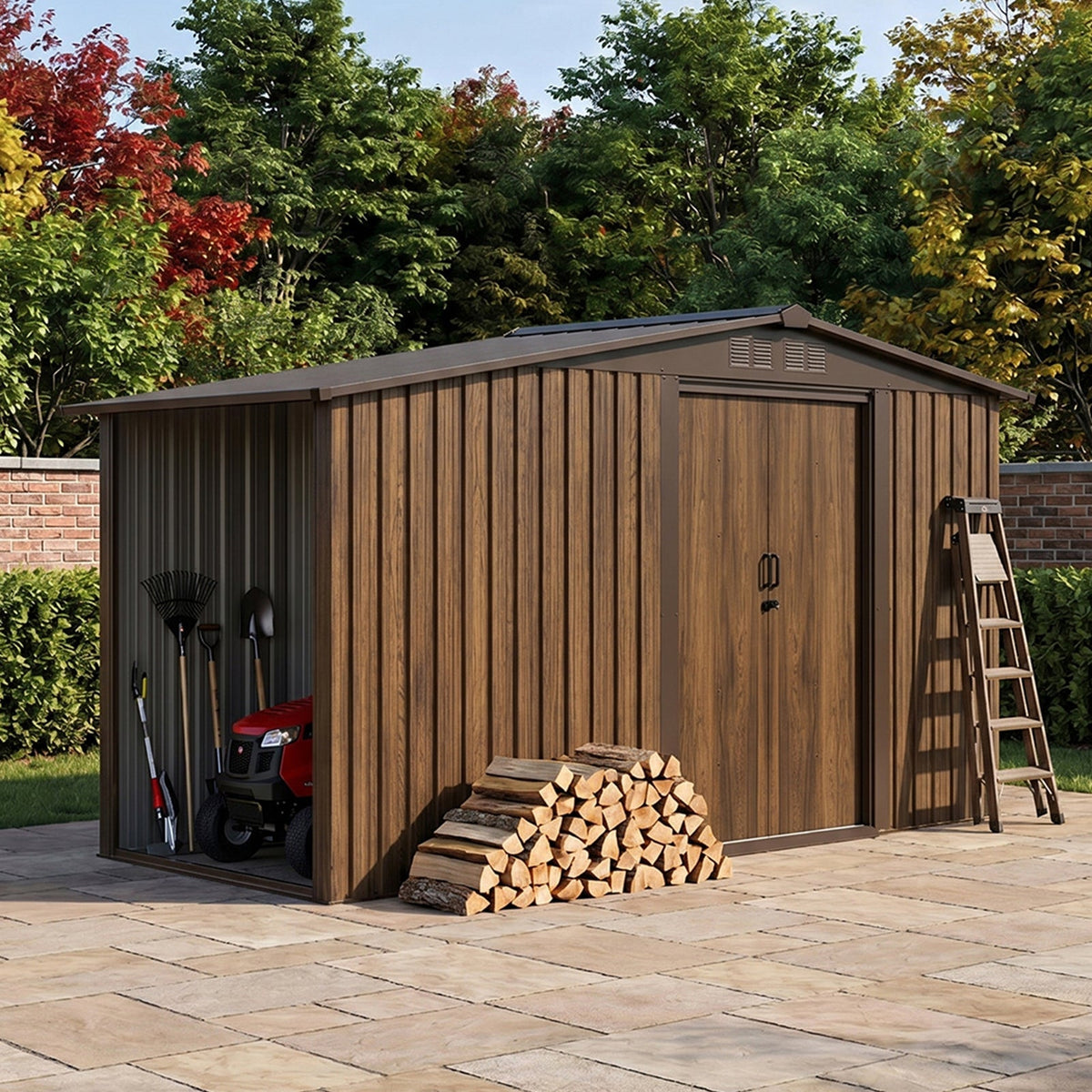 8 x 4 ft Metal Garden Storage Shed with Integrated Log Store & Apex Roof