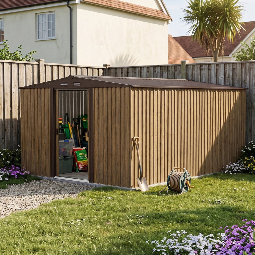 10 x 12 ft Metal Garden Storage Shed with Apex Roof & Sliding Door