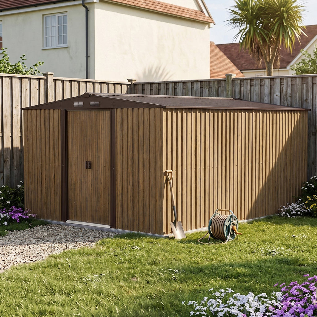 10 x 12 ft Metal Garden Storage Shed with Apex Roof & Sliding Door