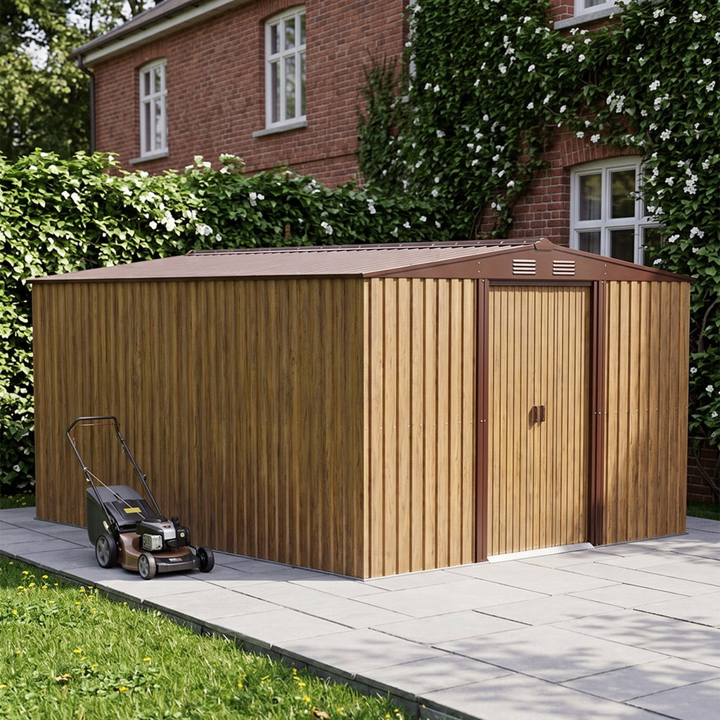 10 x 12 ft Metal Garden Storage Shed with Apex Roof & Sliding Door