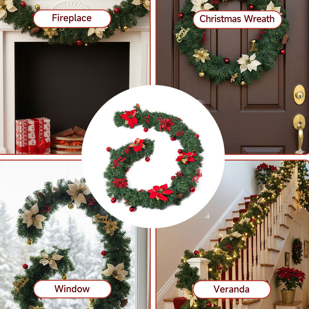 Artificial Christmas garland by Garden Sanctuary, 2.7 meters long, decorated with festive greenery and ornaments for holiday decor.