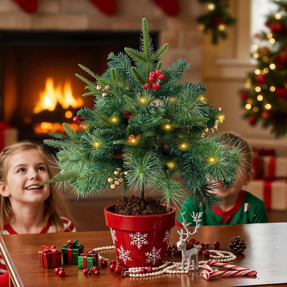 Artificial Christmas tree urn filler decoration with string lights from Garden Sanctuary, featuring festive holiday greenery and lighting.