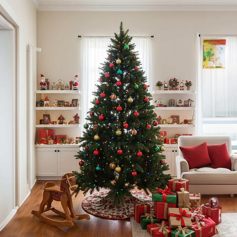 Garden Sanctuary 4ft artificial Christmas tree with RGB lights and wooden stand, realistic evergreen holiday decor.