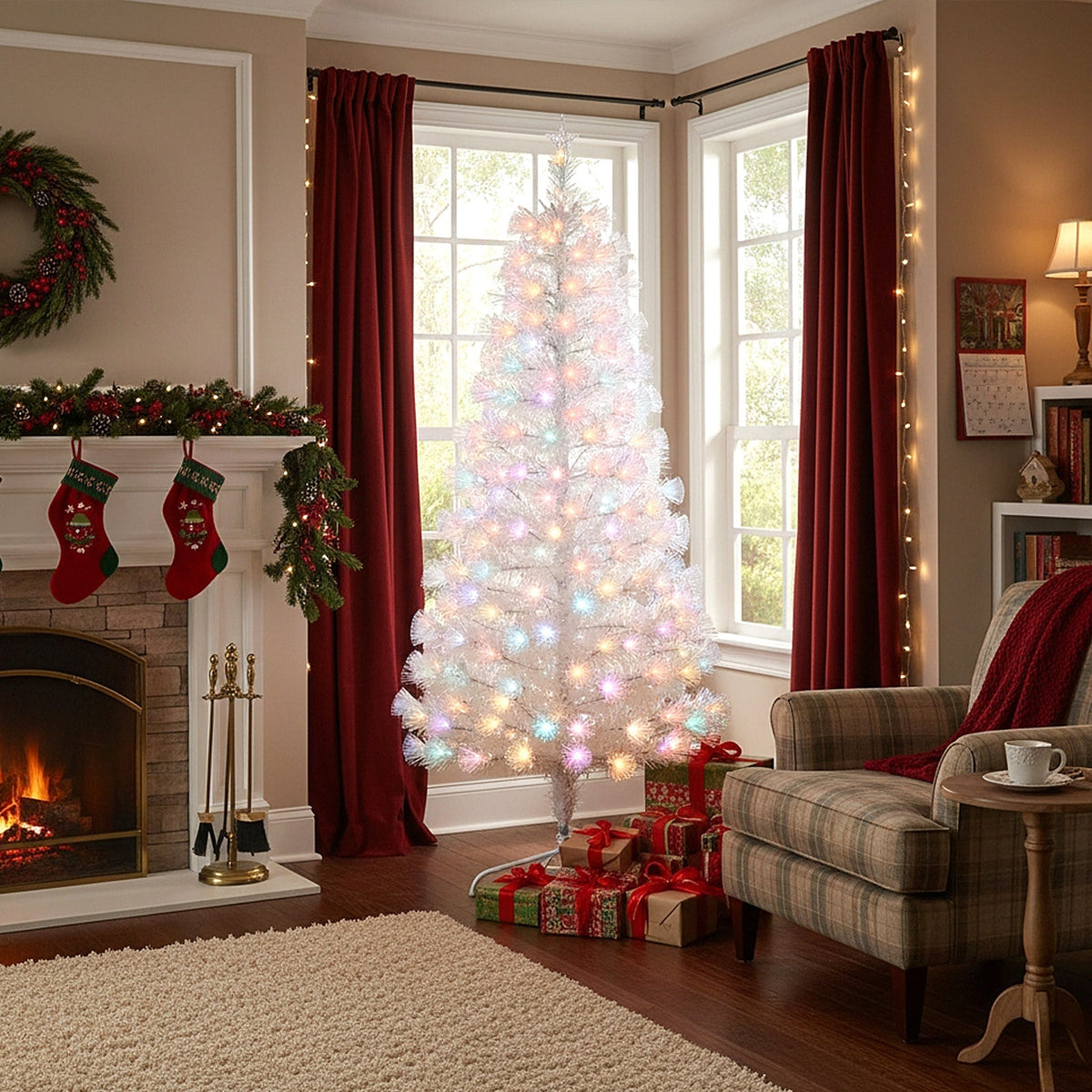 Garden Sanctuary 6ft pre-lit artificial Christmas tree with foldable metal stand, decorated with lights and full evergreen branches.