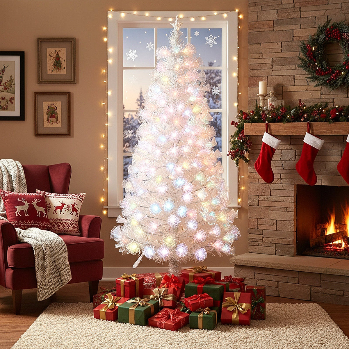 Garden Sanctuary 6FT pre-lit artificial Christmas tree with foldable metal stand, green pine branches and festive lighting details