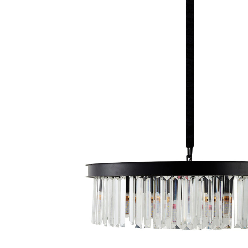 Modern 6-light E14 pendant light by Garden Sanctuary with sleek design and clear glass shades hanging from a black fixture.