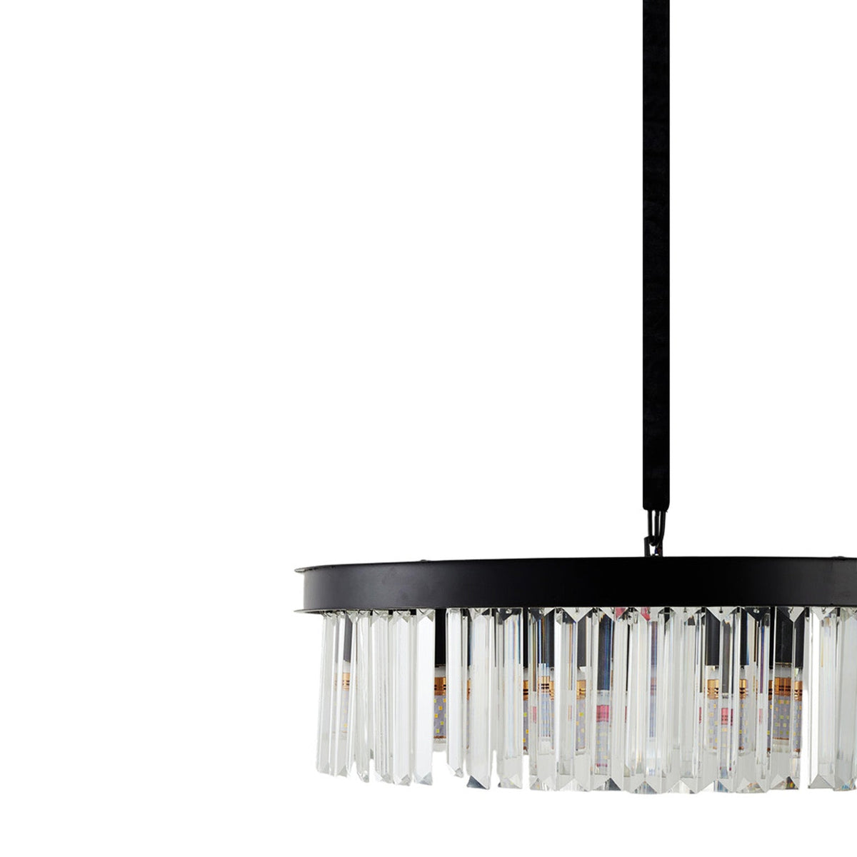 Modern 6-light E14 pendant light by Garden Sanctuary with sleek design and clear glass shades hanging from a black fixture.