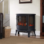 Garden Sanctuary 1800W electric fireplace heater with realistic flame effect and black surround, ideal for indoor heating and ambiance.
