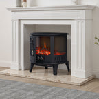 Garden Sanctuary 1800W electric fireplace heater showing realistic flame effect and sleek black design for cozy ambiance.