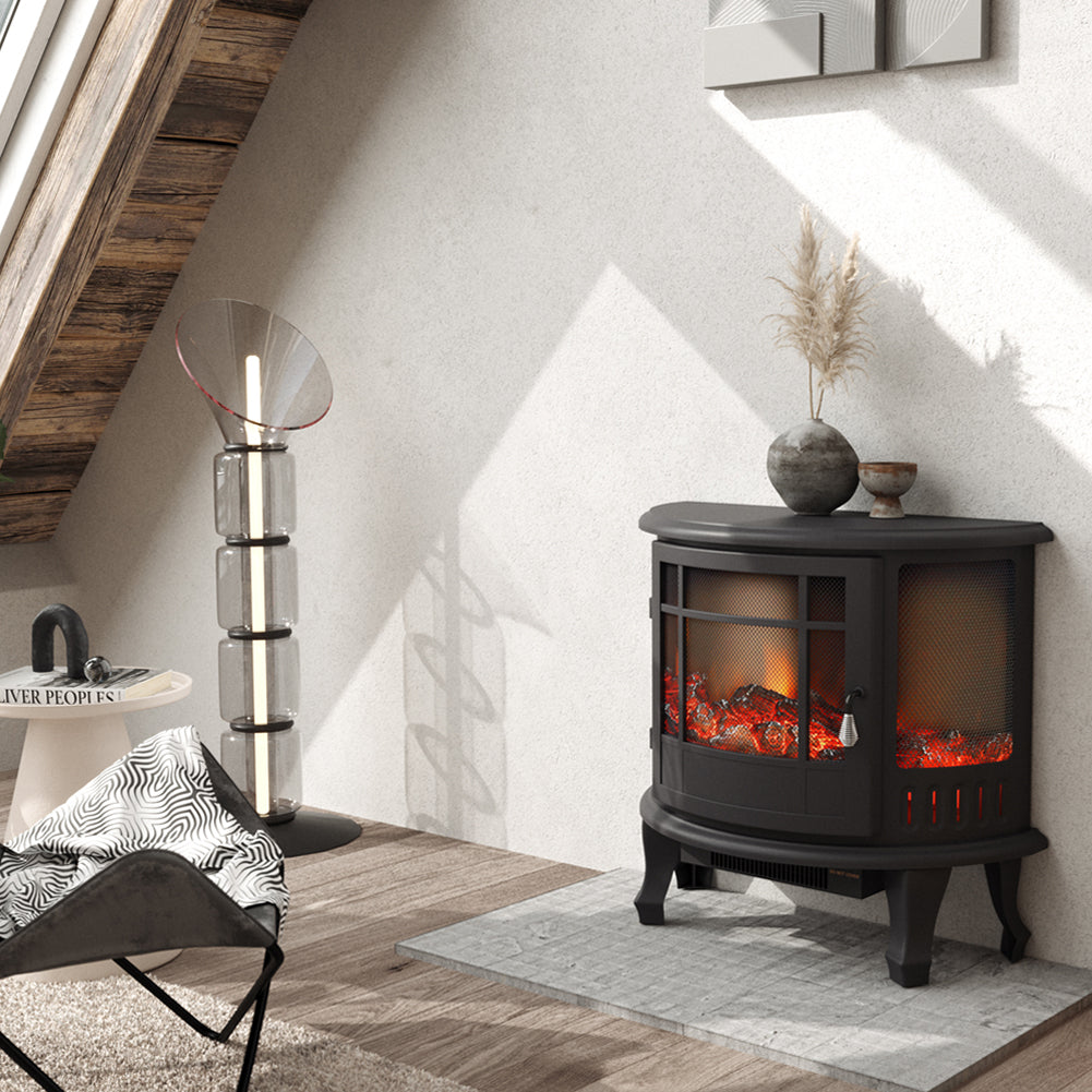 Garden Sanctuary 1800W electric fireplace heater showing a modern fireplace with realistic flame effects and sleek design.