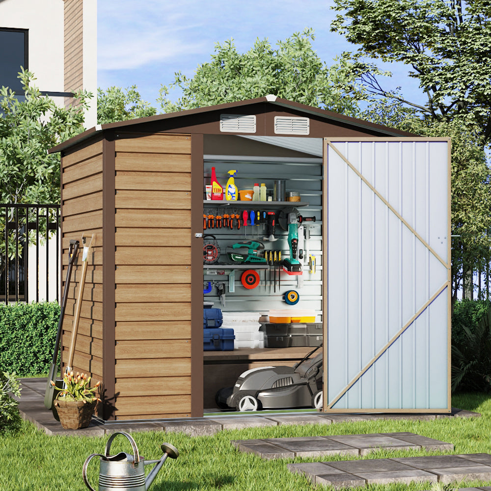 6 x 4 ft Wood Effect Galvanised Steel Garden Storage Shed with Apex Roof