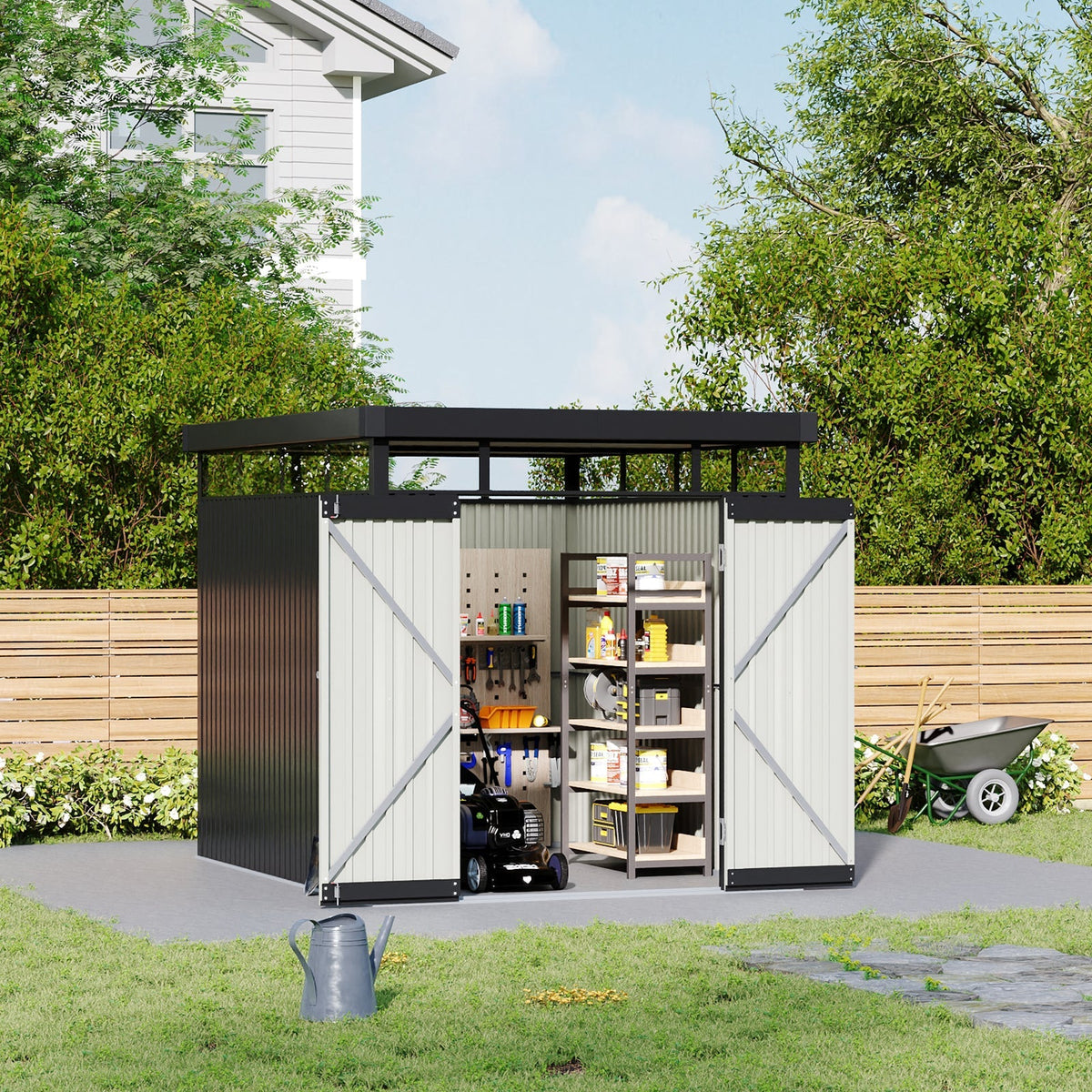 6.5 x 8.5 ft Metal Garden Storage Shed with Flat Roof & Double Doors