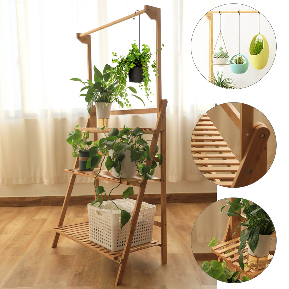 3-Tier Foldable Wooden Ladder Shelf with Hanging Rod