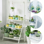 3-Tier Foldable Wooden Ladder Shelf with Hanging Rod