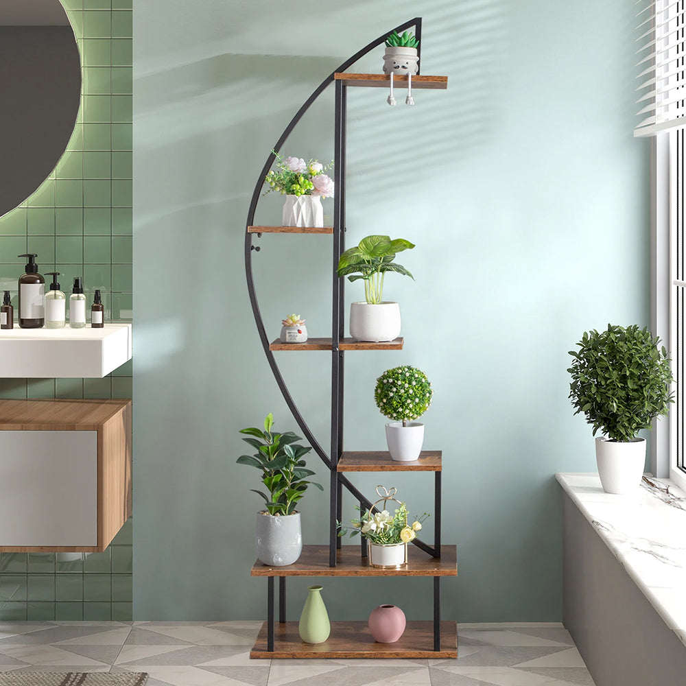 2 Pcs Rustic Brown Crescent Wood Tiered Plant Stand
