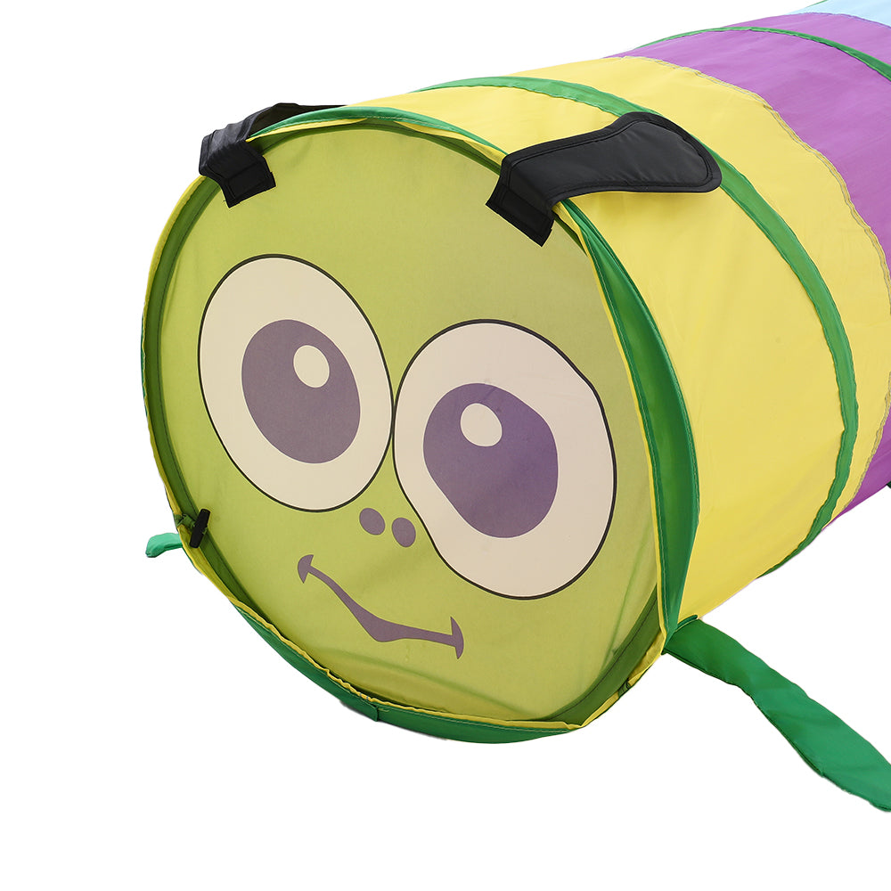 Colorful 6ft Caterpillar Crawl Play Tunnel for kids by Garden Sanctuary, lightweight pop-up design, multicolored and fun for indoor or outdoor play.