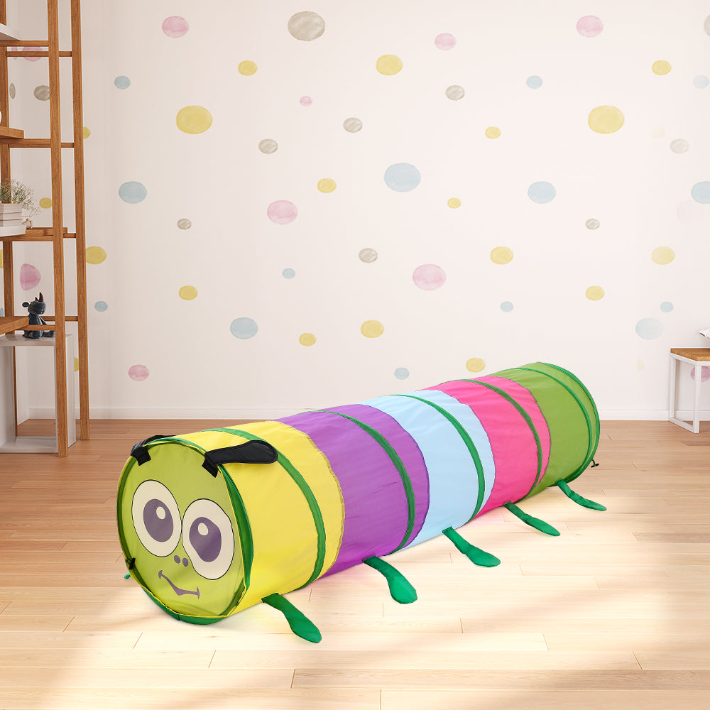 Colorful 6-foot Garden Sanctuary caterpillar play tunnel for kids, made of durable fabric, ideal for active indoor and outdoor play.