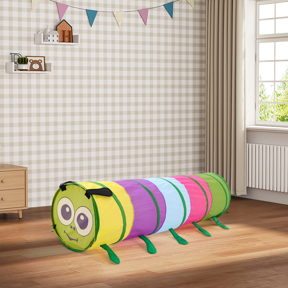 Colorful 6-foot caterpillar crawl play tunnel for kids by Garden Sanctuary, featuring a vibrant multicolored design for active fun.