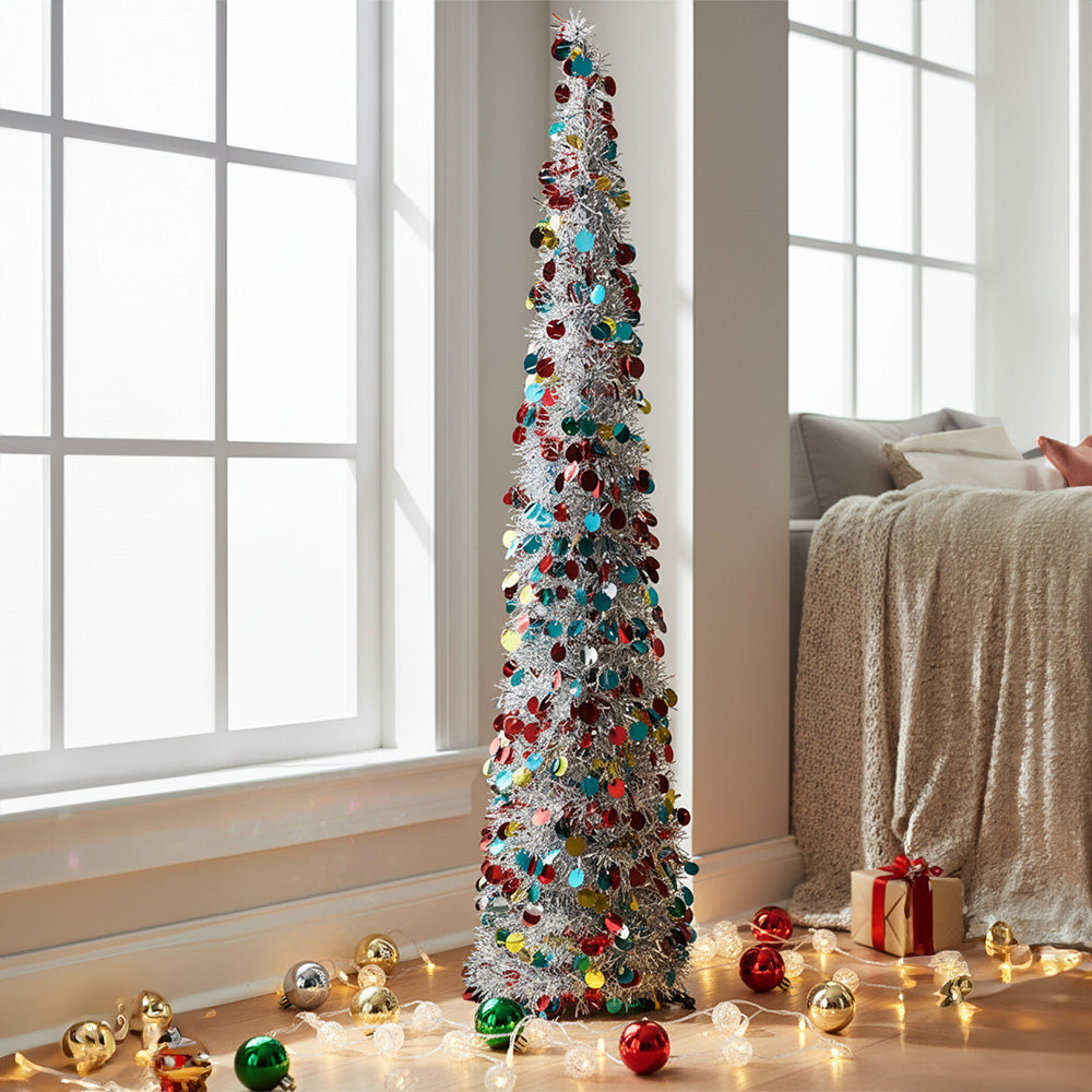 Colorful 150cm Garden Sanctuary Christmas tinsel tree with multi-colored tinsel branches, perfect for holiday decorating.