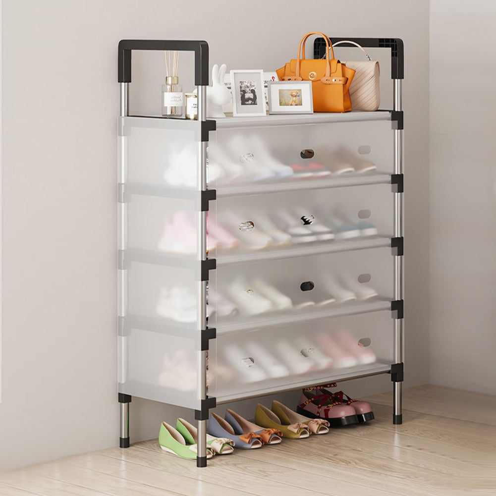 Wooden 5-tier shoe rack by Garden Sanctuary with multiple shelves for organized shoe storage.
