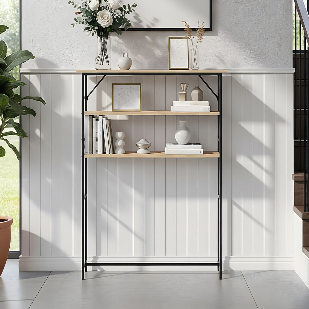 Wood-grain 3-tier narrow console table rack by Garden Sanctuary with sleek design and ample storage space.