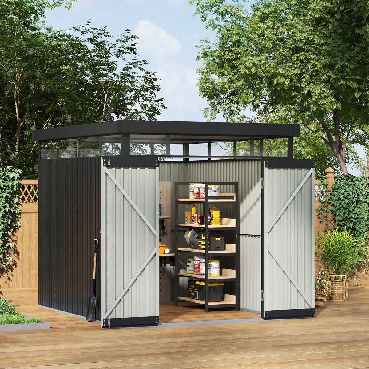 2 x 2.6m Metal Garden Storage Shed with Flat Roof & Lockable Double Doors
