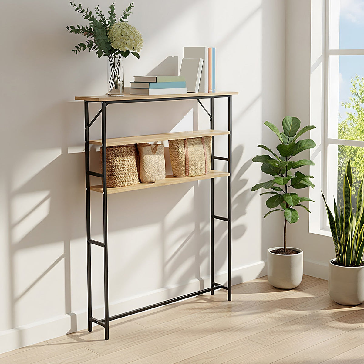 Garden Sanctuary 3-Tier Wood-Grain Narrow Console Table rack with sleek wooden finish and compact design for versatile home decor.