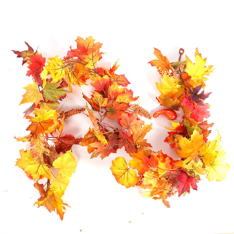 1.8M Artificial Autumn Maple Leaf Pumpkin Vine Garland With Lights