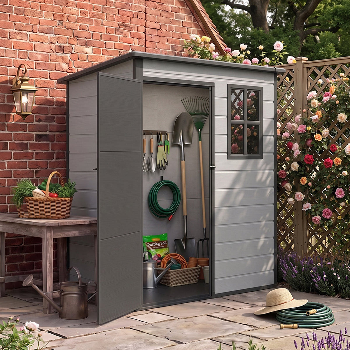 5 x 3 ft Plastic Garden Storage Shed with Pent Roof & Lockable Door