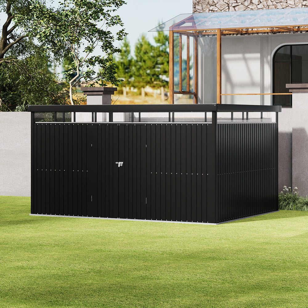 13 x 10 ft Metal Garden Storage Shed with Flat Roof & Padlockable Double Doors