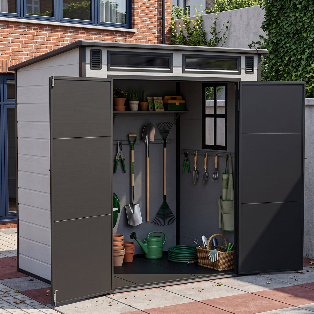 6 x 4 ft Plastic Garden Storage Shed with Pent Roof & Lockable Double Doors