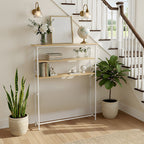 Wood-grain 3-tier narrow console table rack by Garden Sanctuary, featuring sleek design and multiple storage shelves.