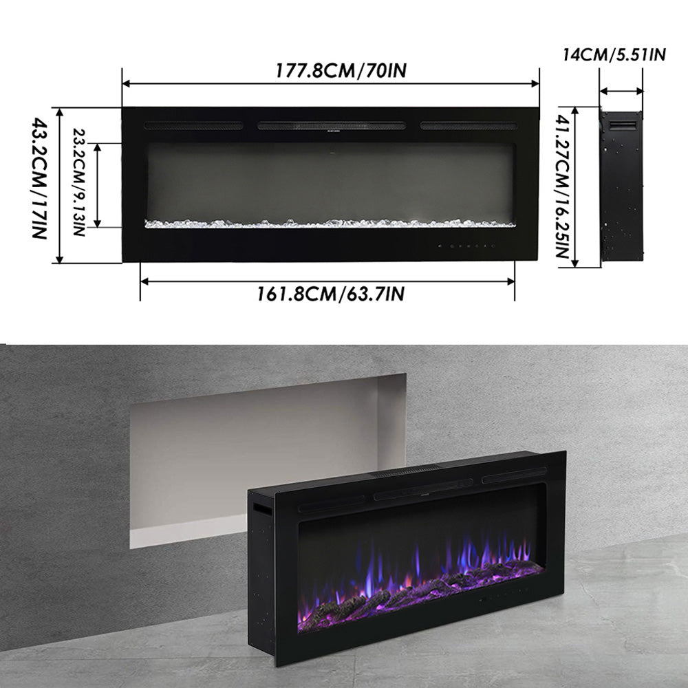 70/80 Inch Wall Mounted/Insert Electric Fireplace with 12 Colours Settings