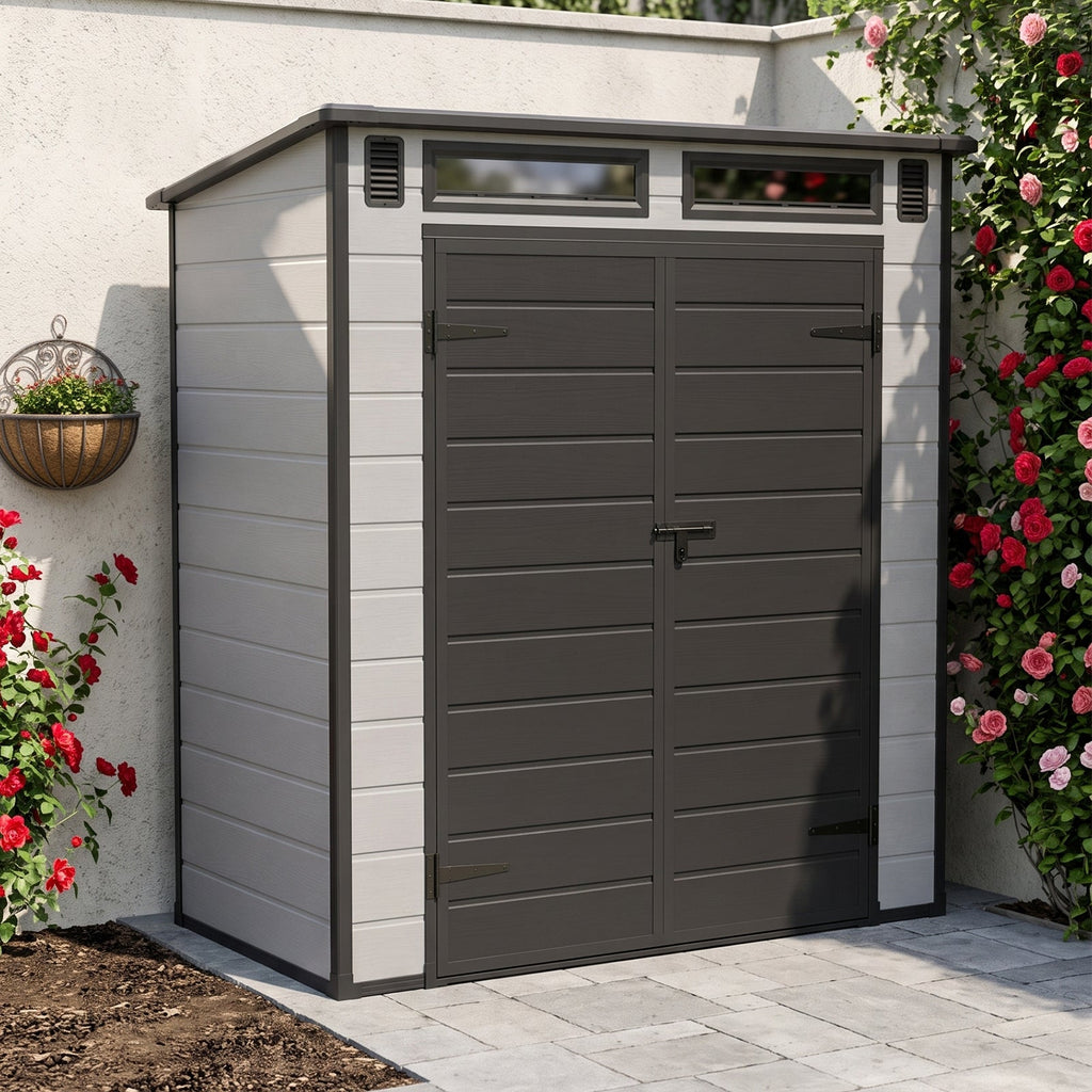 6 x 4 ft Plastic Garden Storage Shed with Pent Roof & Lockable Double Doors