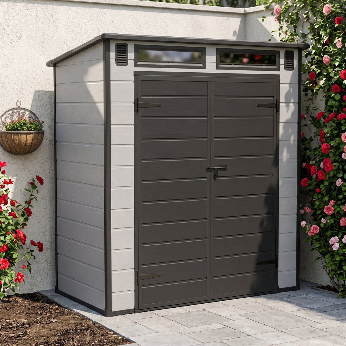 6 x 4 ft Plastic Garden Storage Shed with Pent Roof & Lockable Double Doors