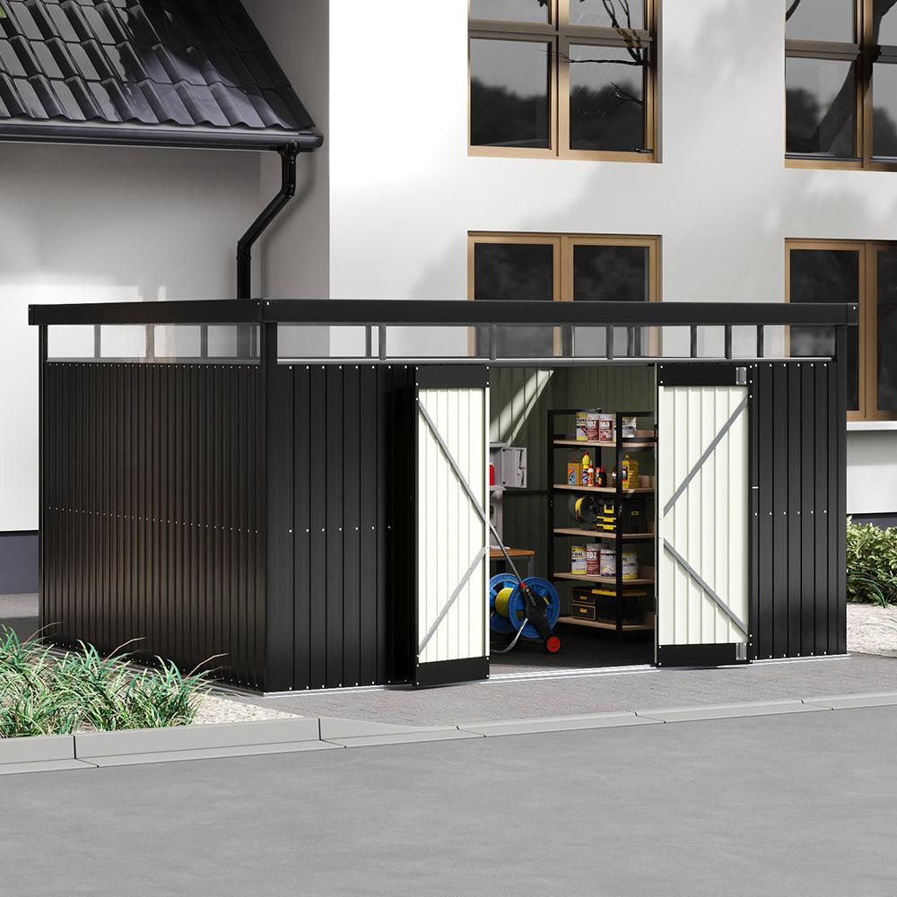 13 x 10 ft Metal Garden Storage Shed with Flat Roof & Padlockable Double Doors