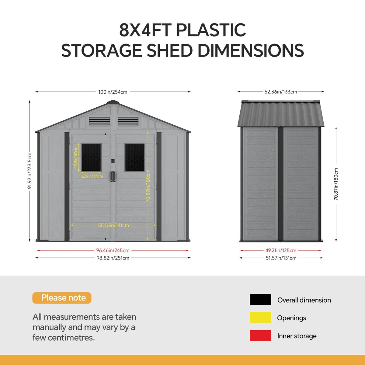8 x 4 ft Plastic Garden Storage Shed with Apex Roof & Double Doors