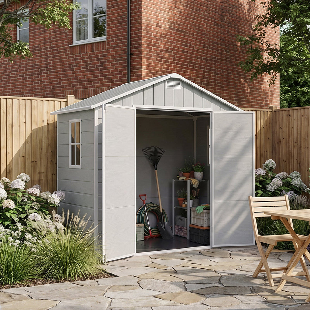 8 x 4 ft Plastic Garden Storage Shed with Apex Roof & Lockable Double Doors