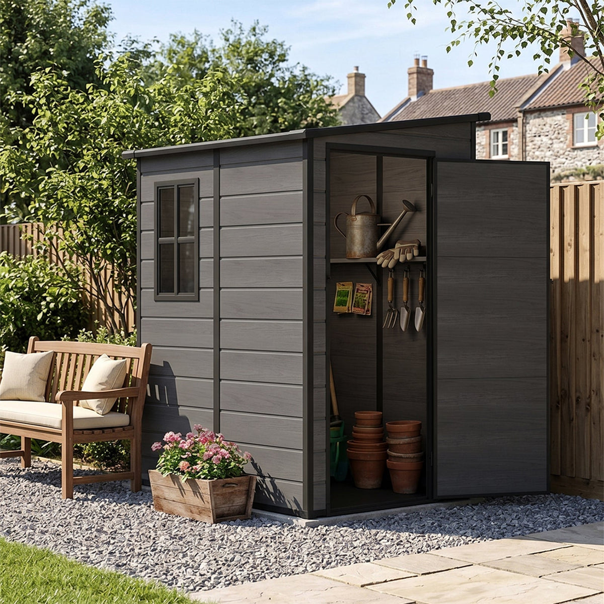 4 x 5 ft Plastic Garden Storage Shed with Pent Roof & Lockable Door