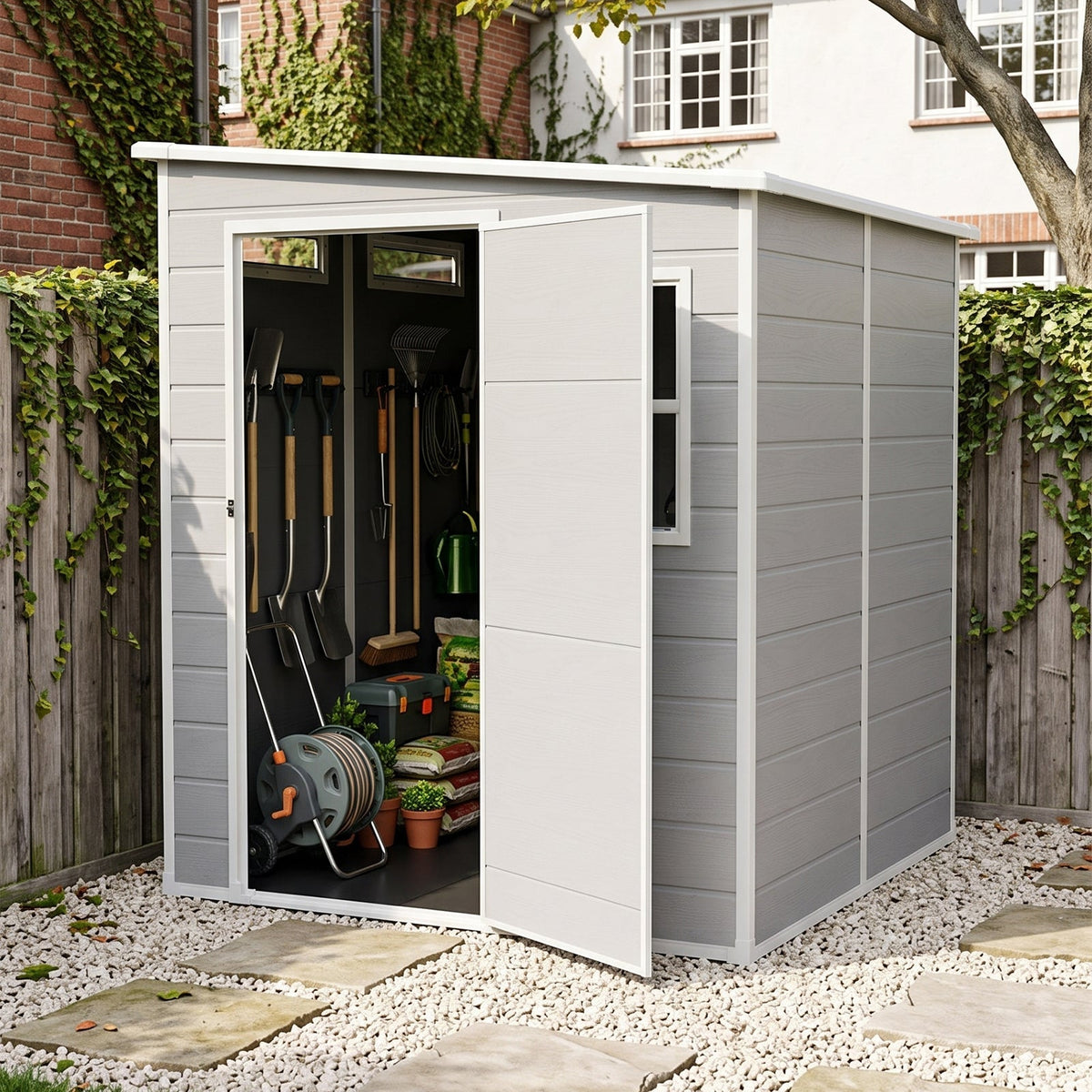 6 x 6 ft Plastic Garden Storage Shed with Pent Roof & Lockable Door