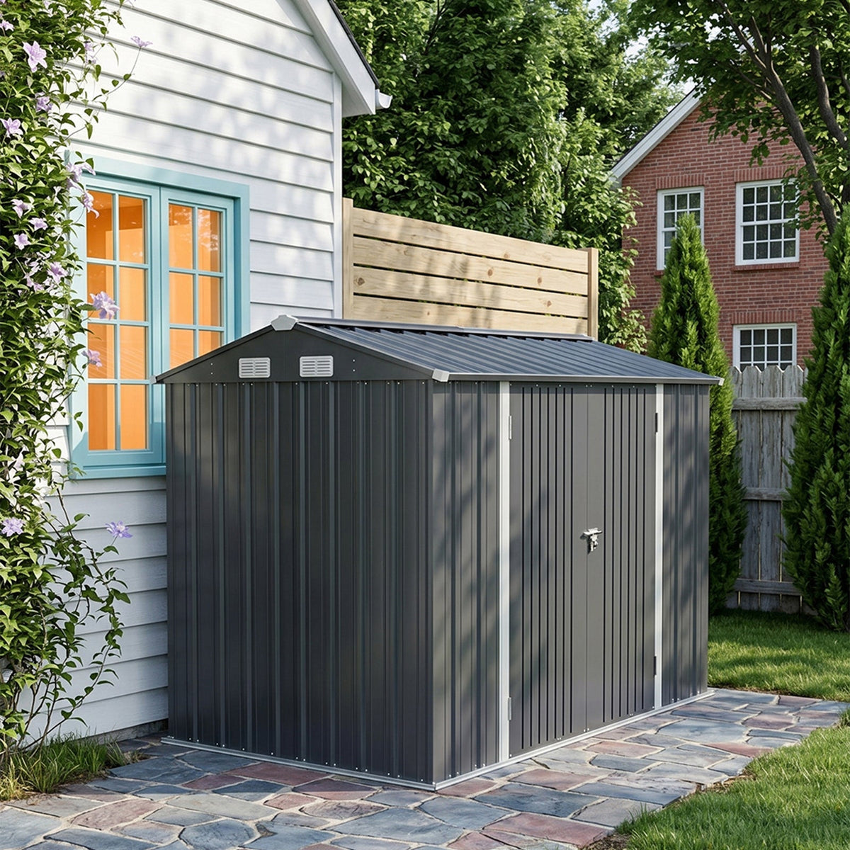 10 x 7 ft Metal Garden Storage Shed with Apex Roof & Double Doors